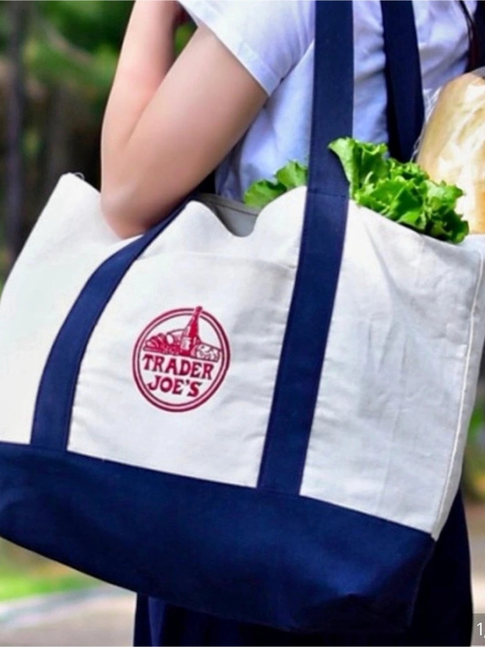 Trader Joe's Large Canvas Tote Bag White & Blue